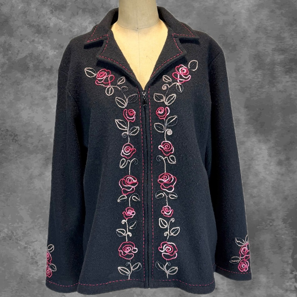 VINTAGE rose garden embroidered wool sweater cardigan zip up jacket floral 80s